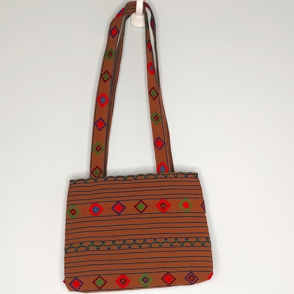 Embroidered Purse Brown with Green Pink Rust